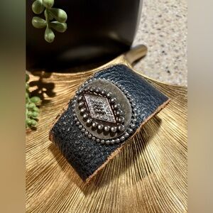 Black Leather Bracelet with Silver Detailing